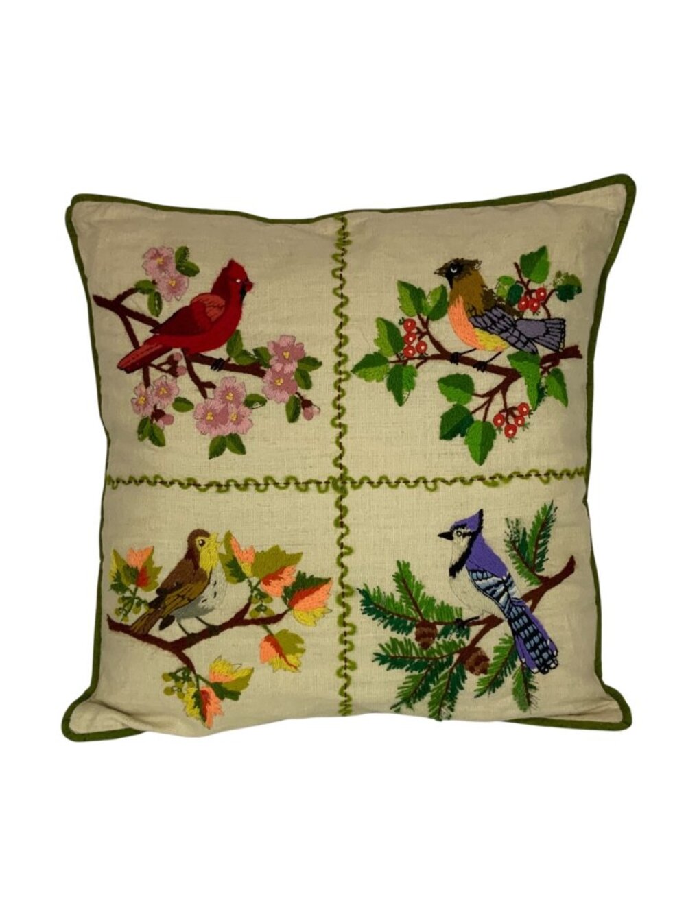 Vintage Bucilla Bird Quartet Embroidered Pillow Four Seasonal Bird Designs